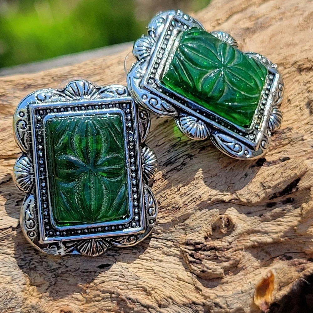 Etched Glass Silver Scroll Earrings
